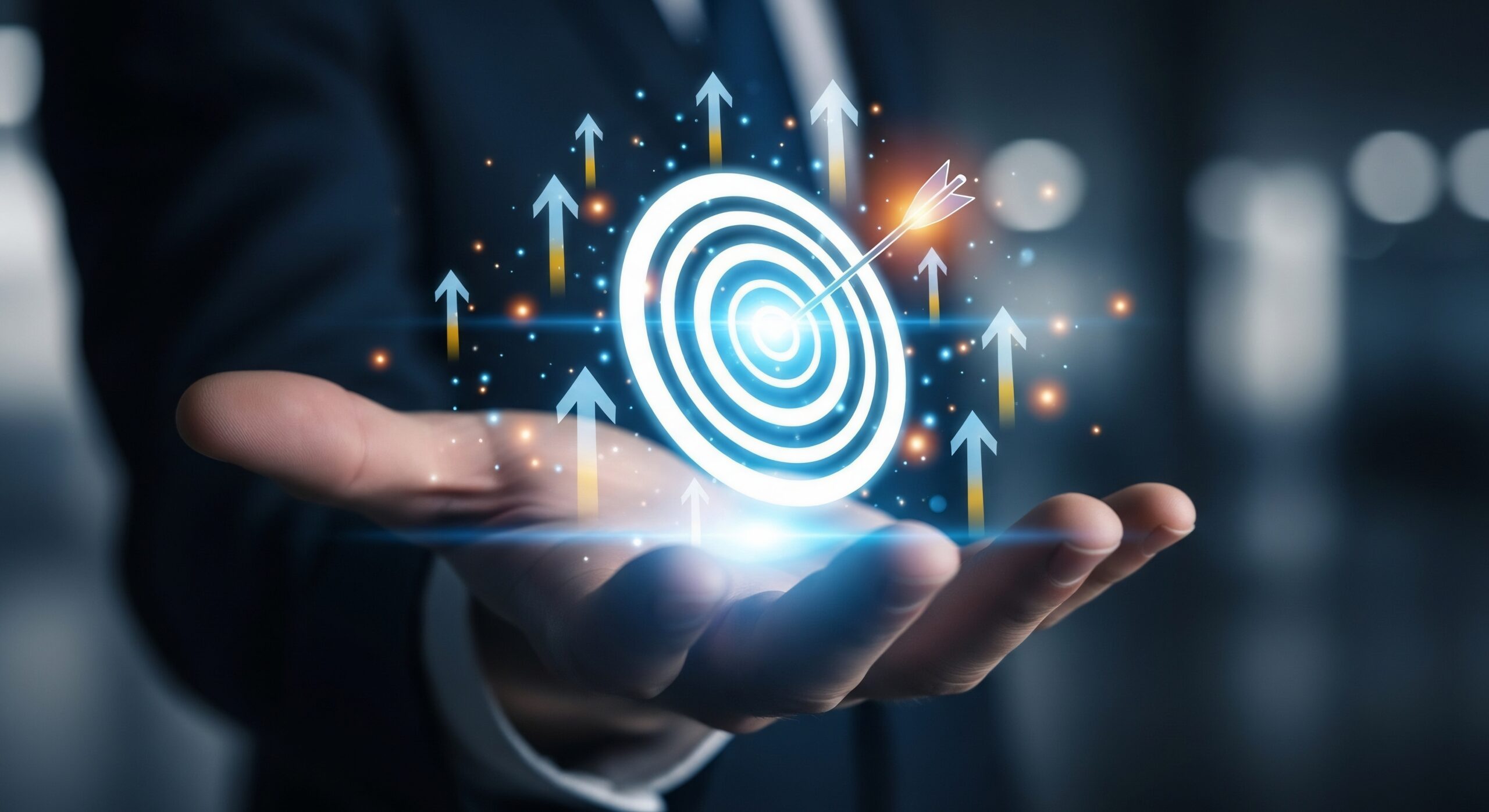 Achieve your business goals with powerful strategies and a clear vision, arrows point to success in hand